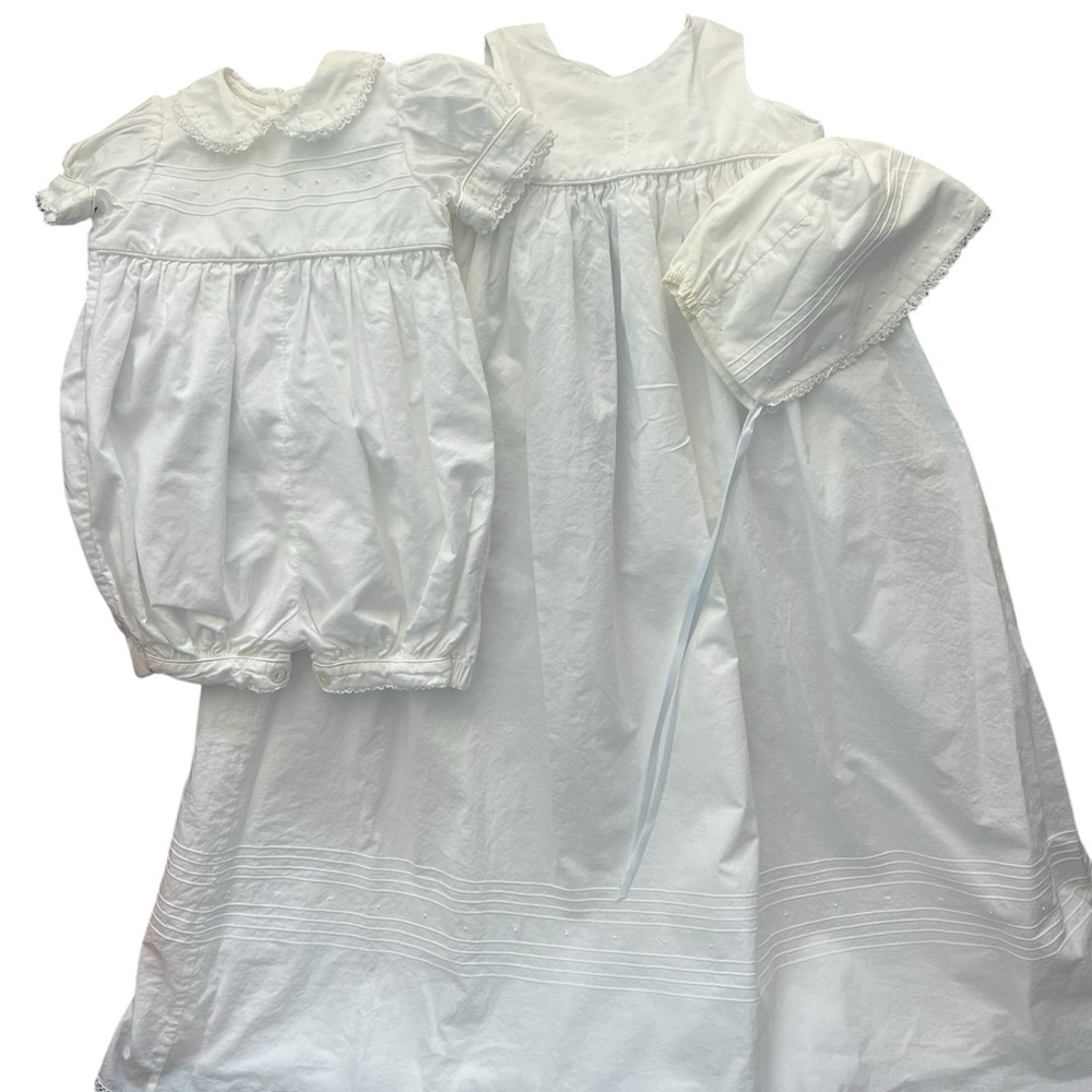 Strasburg white Baby 3 piece christaning outfit no stains bonnet romper gown 6M